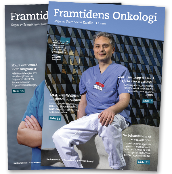 Framsidor på tidningen Framtidens Onkologi. Klicka på bilden för att ladda ner senaste numret som en PDF.